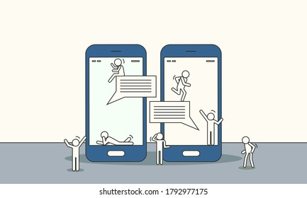 People chatting vector communication discussion. Woman and man talk business chat. Speech message illustration social group. Concept network meeting teamwork with phone. Human connection dialog friend