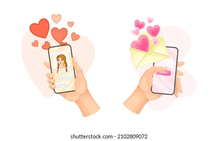 Gente charlando a través de un smartphone. Manos sosteniendo el teléfono con mensajes y corazones, aplicación de mensajería en la ilustración del vector de pantalla