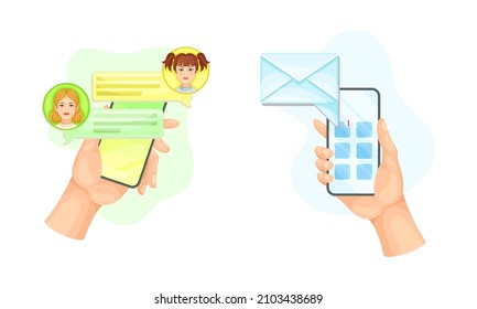 People chatting via smartphone set. Hands holding phone with short messages vector illustration
