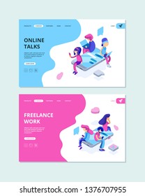 People chatting. Virtual activities, network characters relationship internet online dating vector isometric landing page