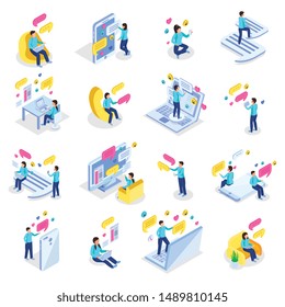 People chatting at work customer support service social media dating tablet smartphone notebook isometric icons collection vector illustration 