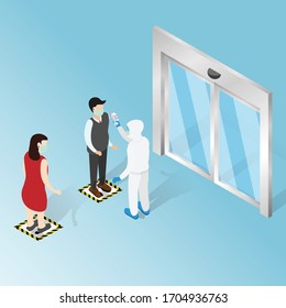 People check body Digital temperature in a medical mask. before entering gate or public areas. fight against epidemic outbreak coronavirus, COVID-19.