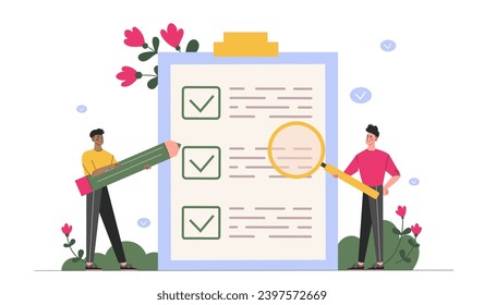 People with check list concept. Man with pencil and woman with magnifying glass near to do lists. Planning and scheduling. Cartoon flat vector illustration isolated on white background