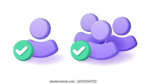 As pessoas marcam o vetor do ícone 3d, a associação do cliente do cliente aceitou o conjunto de ilustração gráfica, a marca de verificação de identidade pessoal verificada válida marca de seleção, a imagem clip-art aprovada do membro da conta do grupo da equipe