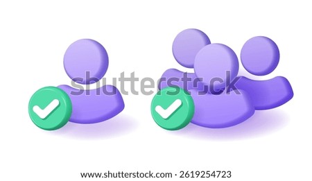 People check mark 3d icon vector, customer client membership accepted graphic illustration set, valid verified personal identity checkmark tick, team group account member approved image clip art
