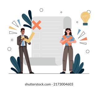 People With Check Mark Make Choice. Man And Woman Evaluate Answers, Teachers Check Test Or Examination Of Students. Consumers Take Online Survey, Answer Questions. Cartoon Flat Vector Illustration