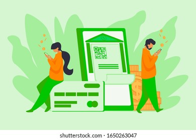 People check money on accounts. People, coins, bank building with qr code flat vector illustration. Finance concept for banner, website design or landing web page