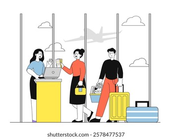 People checking in at an airport counter, handing tickets to staff. Minimalist graphic style, bright colors, luggage, and a pet carrier. Travel concept. Vector illustration