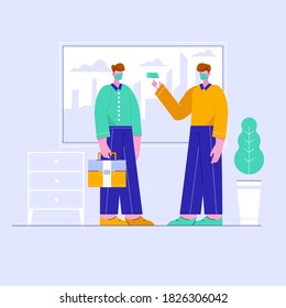 People checking body temperature poster template. Coronavirus prevention vector illustration.