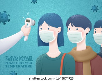 People checking body temperatures before entering public areas, COVID-19 illustration