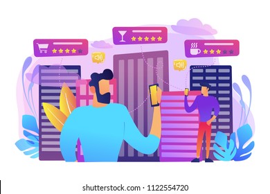 People checking cafe, bar and retail shop rates and ranks with smartphones. Intelligent service systems, smart navigation, IoT and smart city concept, violet palette. Vector illustration on background People checking cafe, bar and retail shop rates and ranks with smartphones. Intelligent service systems, smart navigation, IoT and smart city concept, violet palette. Vector illustration on background