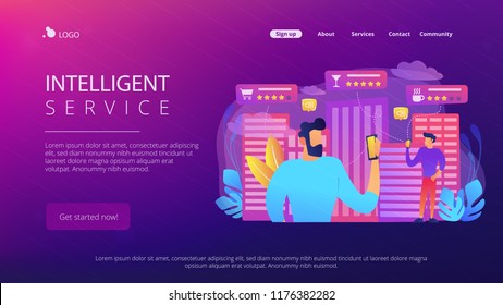 Leute, die Café-, Bar- und Einzelhandelspreise überprüfen und mit Smartphones Ranking. Intelligente Servicesysteme, intelligente Navigation, IoT und intelligentes Stadtkonzept, violette Palette. Vektorgrafik auf Hintergrund