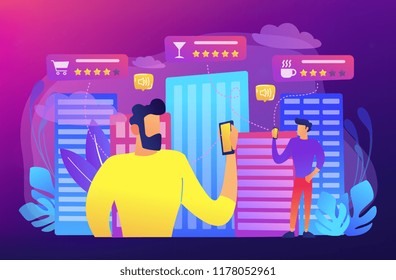 People checking cafe, bar and retail shop rates and ranks with smartphones. Intelligent service systems, smart navigation, IoT and smart city concept, violet palette. Vector illustration on background