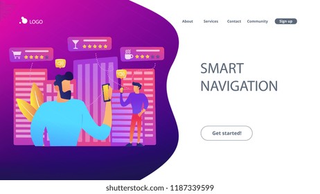 Gente revisando las tarifas de cafés, bares y tiendas minoristas y clasifica con smartphones. Sistemas de servicio inteligentes, navegación inteligente, IoT y concepto de ciudad inteligente, paleta violeta. Ilustración del vector en el fondo