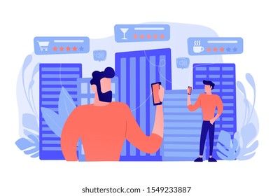 People checking cafe, bar and retail shop rates and ranks with smartphones. Intelligent service systems, smart navigation, IoT and smart city concept. Vector illustration on background