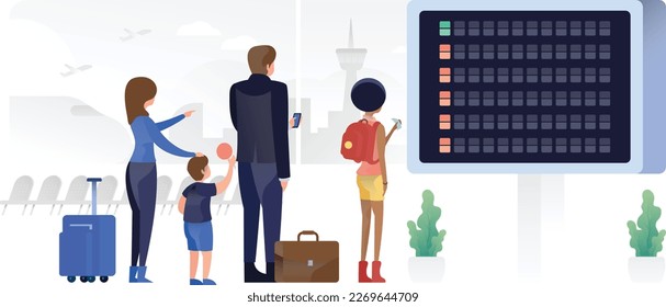 People Checking Departure Board Waiting For Their Flight Airport Scene UI Banner Illustration Vector EPS