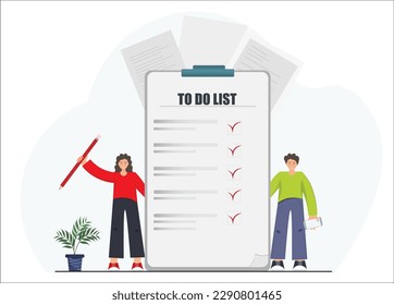 People checking to do list, planning business, management concept, check list for studying, flat vector illustration