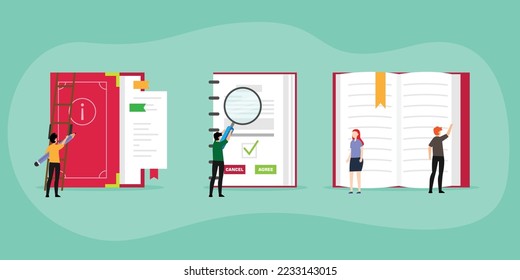 People checking privacy policy, user agreement 2d vector illustration concept for banner, website, illustration, landing page, flyer, etc