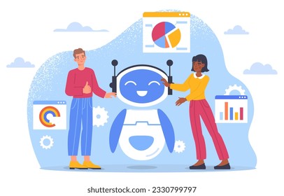 People checking robot concept. Artificial intelligence and machine learning. Innovations and modern technologies. Man and woman fixing bot, search bugs in code. Cartoon flat vector illustration