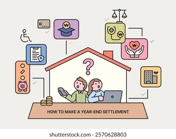 People checking their spending details while doing year-end tax settlement. There are people in the house frame and icons around them. Cuttiny character with outline.