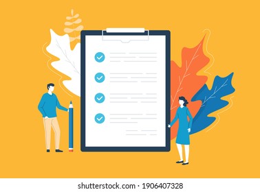 People and checklist. Woman with thumbs up and man with pencil standing around clipboard with check list. Abstract concept. Flat line design. Vector illustration