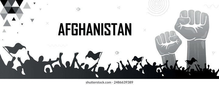 People cheer for Afganistan with flags, black color combination national patriot banner, nation independence celebration background, raised fist, human hand, strike, parade, riot, protest or rally