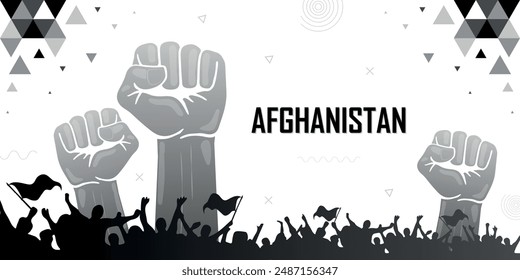 People cheer for Afganistan with flags, black color combination national patriot banner, nation independence celebration background, raised fist, human hand, strike, parade, riot, protest or rally