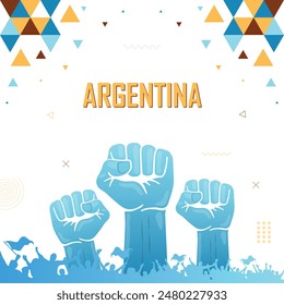 Personas animan a Argentina, combinación de colores de la bandera nacional, Anuncio patriótico, fondo para la celebración de la independencia nacional, puño levantado, mano humana, paro, desfile, motín, protesta o manifestación