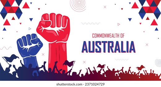 People cheer for Australia, nation flag color combination patriot banner, geometric abstract background, raised fist, human hand, national celebration, strike, parade, riot, protest or rally