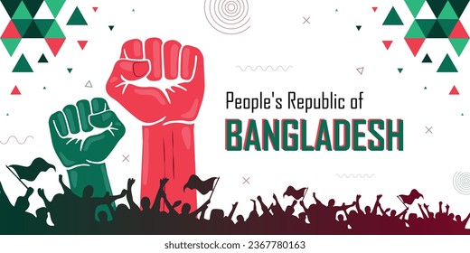 People cheer for Bangladesh, nation flag color combination patriot banner, geometric abstract background, raised fist, human hand, national celebration, strike, parade, riot, protest or rally