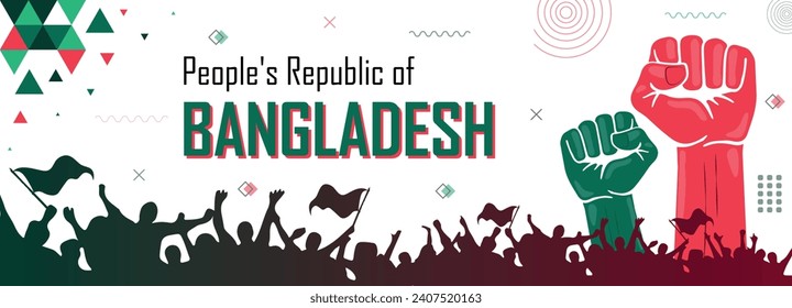 People cheer for Bangladesh, nation flag color combination patriot banner, geometric abstract background, raised fist, human hand, national celebration, strike, parade, riot, protest or rally