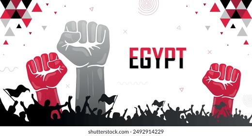 People cheer for Egypt with flags, black and red color combination national patriot banner, nation independence celebration background, raised fist, human hand, strike, parade, riot, protest or rally
