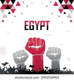 People cheer for Egypt with flags, black and red color combination national patriot banner, nation independence celebration background, raised fist, human hand, strike, parade, riot, protest or rally