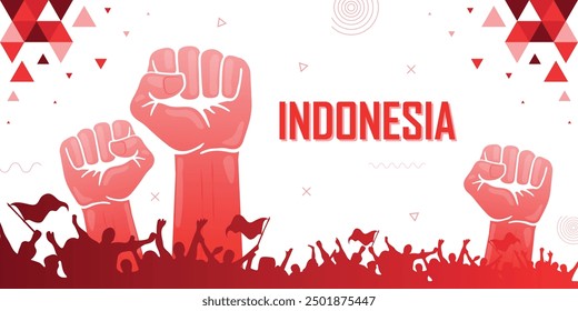 People cheer for Indonesia with flags, red color combination national patriot banner, nation independence celebration background, raised fist, human hand, strike, parade, riot, protest or rally