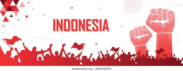 People cheer for Indonesia with flags, red color combination national patriot banner, nation independence celebration background, raised fist, human hand, strike, parade, riot, protest or rally