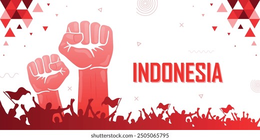 People cheer for Indonesia with flags, red color combination national patriot banner, nation independence celebration background, raised fist, human hand, strike, parade, riot, protest or rally