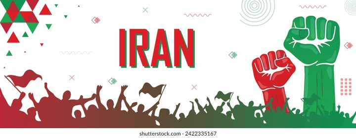 Menschen jubeln nach Iran, Patriot-Nation, roter und grüner Farbkombinationsbanner, geometrischer abstrakter Hintergrund, erregter Faust, menschliche Hand, nationale Feier, Streik, Parade, Aufruhr, Protest oder Rallye