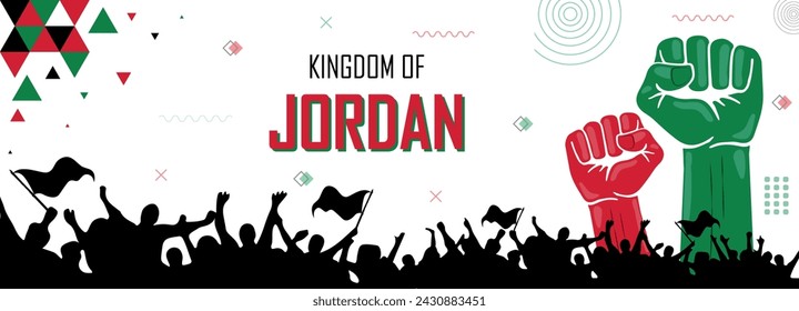 Menschen jubeln für Jordanien, Nationalflaggen-Farbkombination Patriot-Banner, geometrischer abstrakter Hintergrund, erhobene Faust, menschliche Hand, nationale Feier, Streik, Parade, Aufruhr, Protest oder Kundgebung