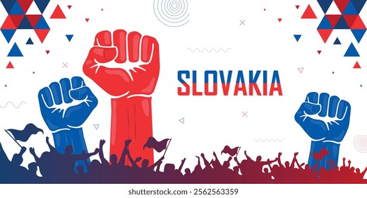 People cheer for Slovakia, national flag color combination patriot banner, geometric abstract background for national celebration, raised fist, human hand, strike, parade, riot, protest or rally