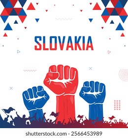 People cheer for Slovakia, national flag color combination patriot banner, geometric abstract background for national celebration, raised fist, human hand, strike, parade, riot, protest or rally