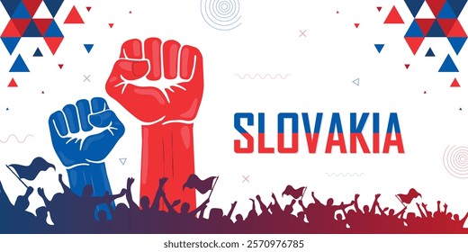 People cheer for Slovakia, national flag color combination patriot banner, geometric abstract background for national celebration, raised fist, human hand, strike, parade, riot, protest or rally