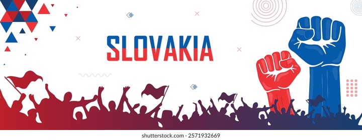 People cheer for Slovakia, national flag color combination patriot banner, geometric abstract background for national celebration, raised fist, human hand, strike, parade, riot, protest or rally