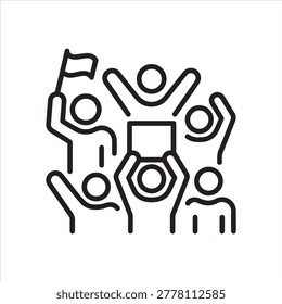 People cheering with their hands in the air, linear icon. Line with editable stroke.