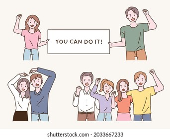 People Are Cheering With Various Gestures. Outline Simple Vector Illustration.