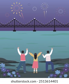 People cheering while watching the fireworks festival of the sea