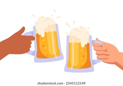 People cheers beer. Hands holding mugs with foamy alcoholic drink. Alcohol and beverage, brewery. Party and event, holiday celebration. Flat vector illustration isolated on white background