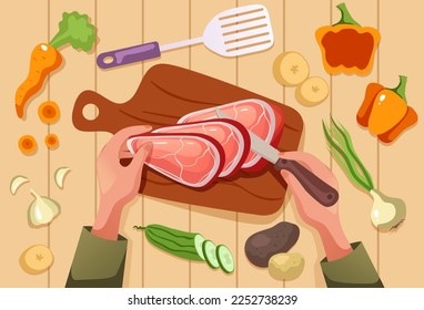 People chef cooking and chopping food on kitchen table. Top view. Vector design graphic illustration