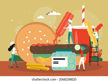 People in chef uniform making tasty burger. Fast food restaurant, burger house services, vector illustration.