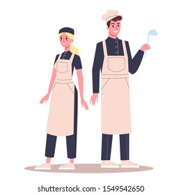 People chefs set cooking and working at the restaurant. Female and male character wearing an apron and hat, restaurant worker. Flat vector illustration in cartoon style.