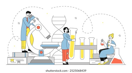 Personas con la química. Hombre con microscopio y mujeres con tubos de ensayo. Científicos realizando experimentos químicos en laboratorio. Microbiología y biotecnología. Ilustración vectorial lineal